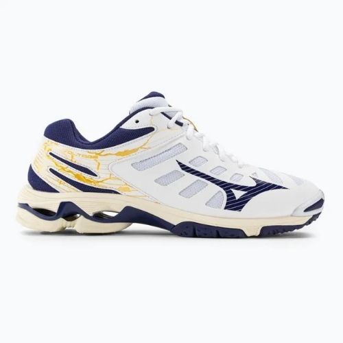 Herren Volleyball Schuhe Mizuno Wave Voltage weiß / blaues Band / mp gold