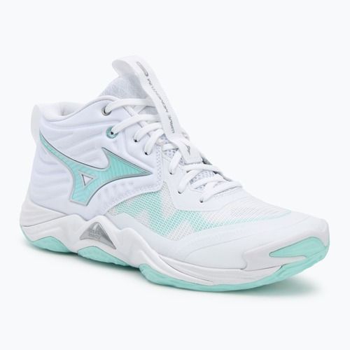 Damen-Volleyballschuhe Mizuno Wave Momentum Elite Mid weiß/blauer Farbton