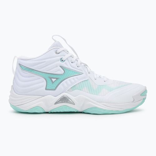 Damen-Volleyballschuhe Mizuno Wave Momentum Elite Mid weiß/blauer Farbton