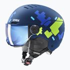 Skihelm Kinder UVEX Rocket Visor Jr blue puzzle matt/mirror blue/smoke
