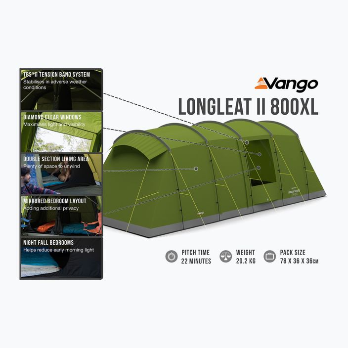 Vango Longleat II 800XL grün TESLONGLEH09TAS 8-Personen Camping Zelt 11