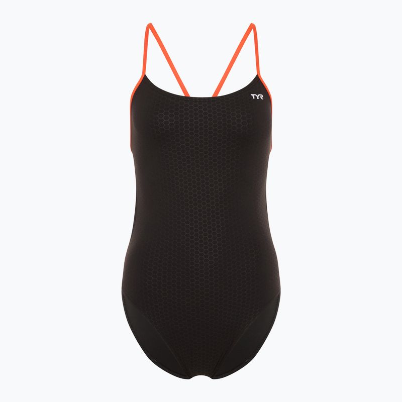 Einteiliger Damen-Badeanzug TYR Hexa Cutoutfit schwarz/orange