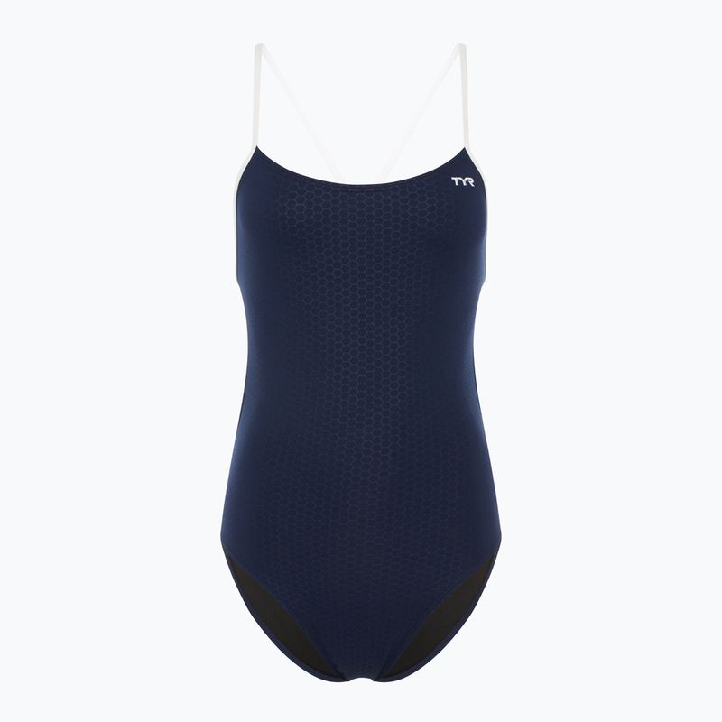 Einteiliger Damen-Badeanzug TYR Hexa Cutoutfit navy/weiß