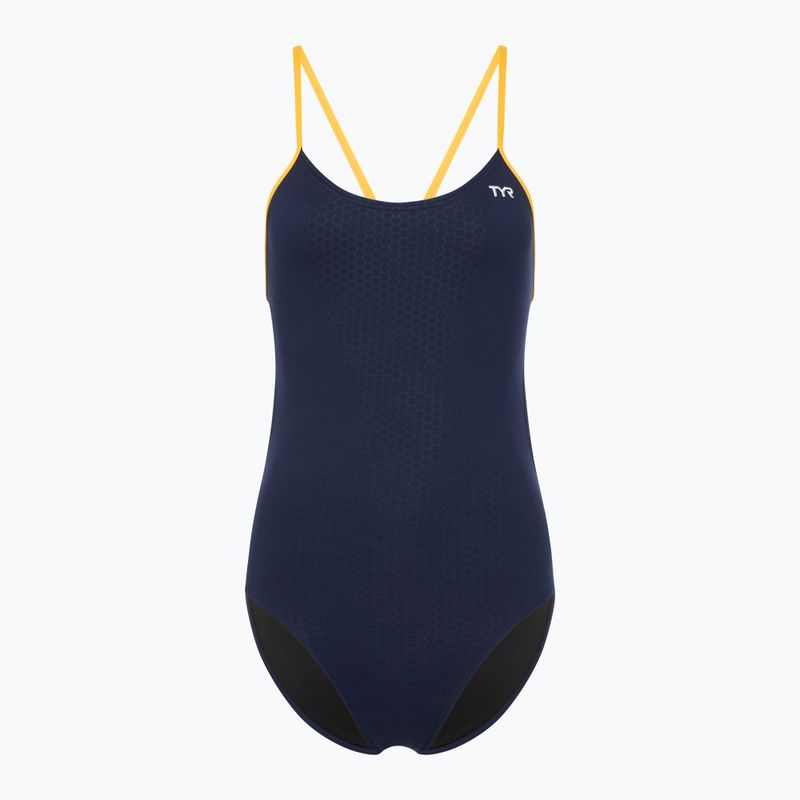 Einteiliger Damen-Badeanzug TYR Hexa Cutoutfit navy/gold