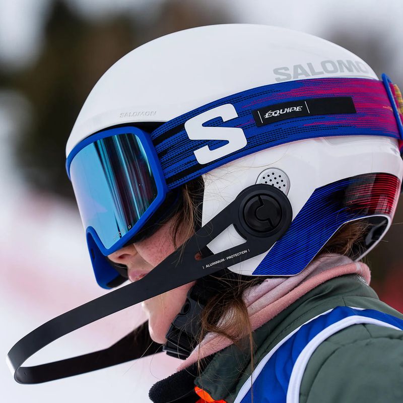 Kinder-Skihelm Salomon Equipe Fis + Chinguard Jr white/race blue 7