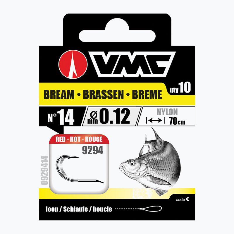 VMC Bream methode Vorfach Schlaufenhaken mit Widerhaken + Schnur 10 Stück rot 929412