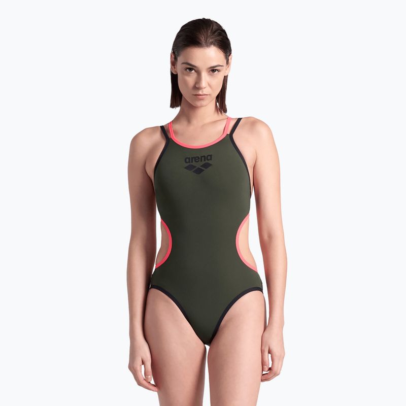 Einteiliger Damen-Badeanzug arena One Double Cross Back One Piece dark sage/black/fluo red 4