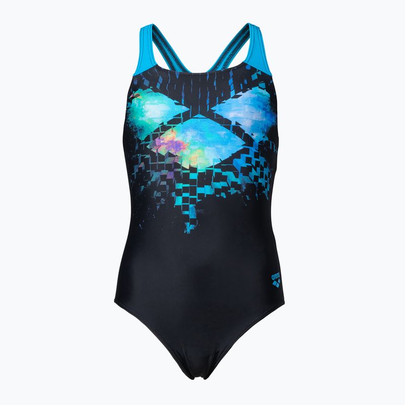 Einteiliger Kinder-Badeanzug arena Multi Pixels New Swim Pro Back schwarz/türkis