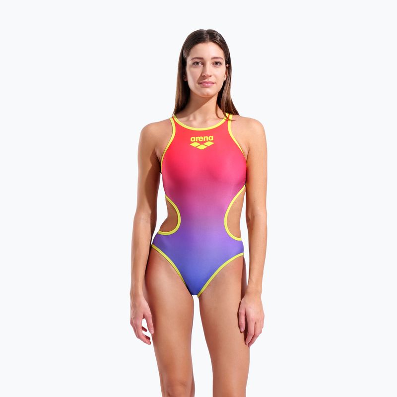 Damen-Einteiler Badeanzug arena One Shaded Print Tech One Back bright coral royal multi/soft green 5