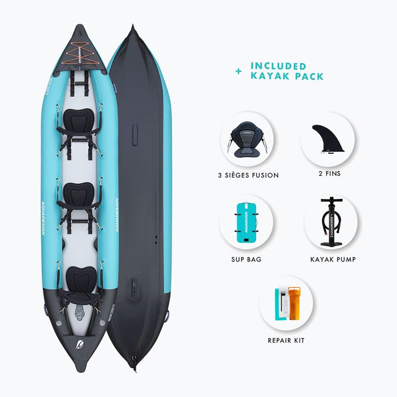 AQUADESIGN Koloa 400 cm blau/schwarzes aufblasbares 3-Personen-Kajak 4