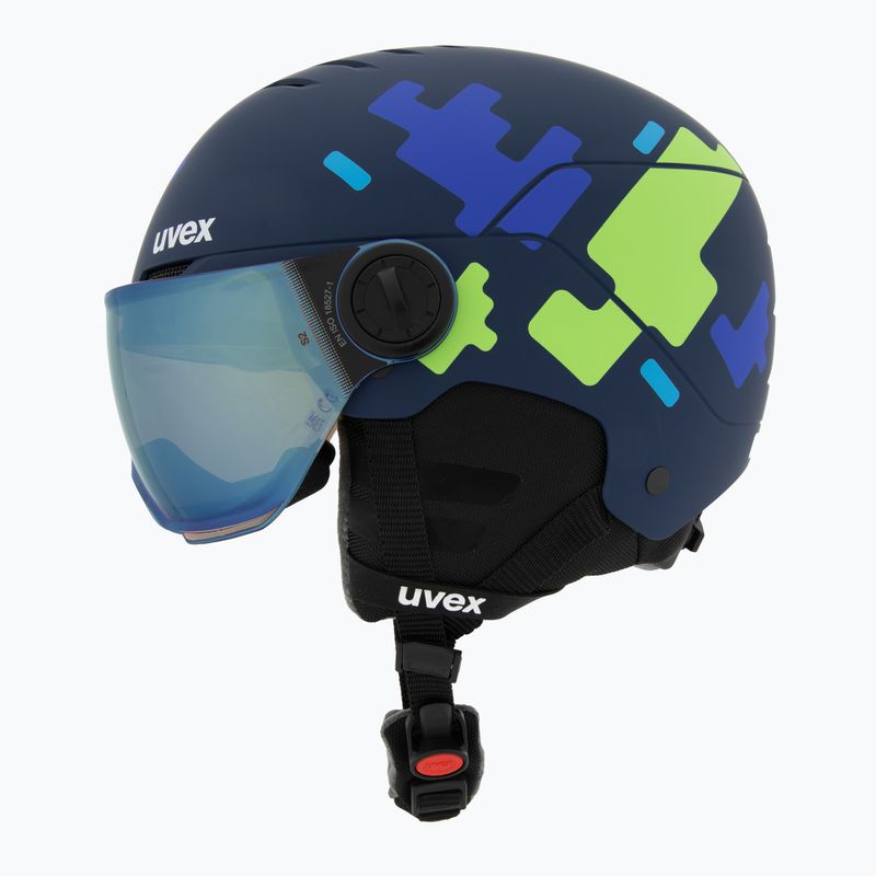 Skihelm Kinder UVEX Rocket Visor Jr blue puzzle matt/mirror blue/smoke 3