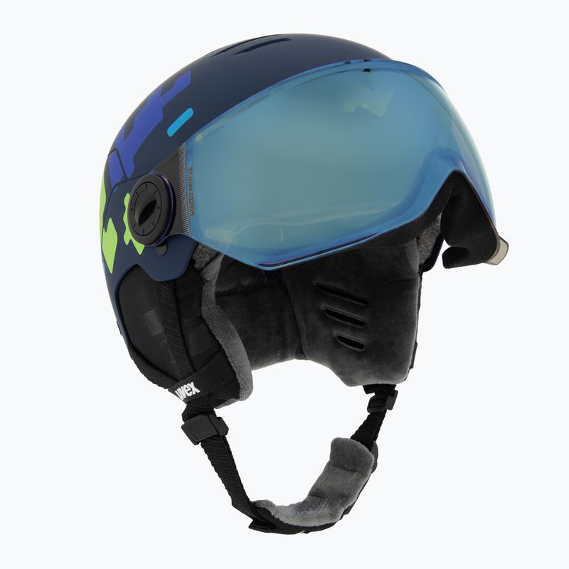 Skihelm Kinder UVEX Rocket Visor Jr blue puzzle matt/mirror blue/smoke 9