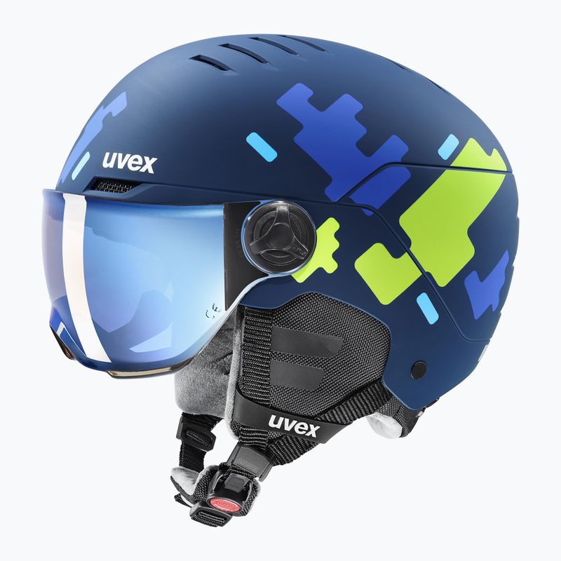 Skihelm Kinder UVEX Rocket Visor Jr blue puzzle matt/mirror blue/smoke
