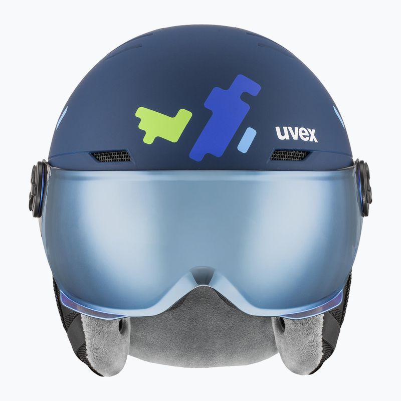 Skihelm Kinder UVEX Rocket Visor Jr blue puzzle matt/mirror blue/smoke 2