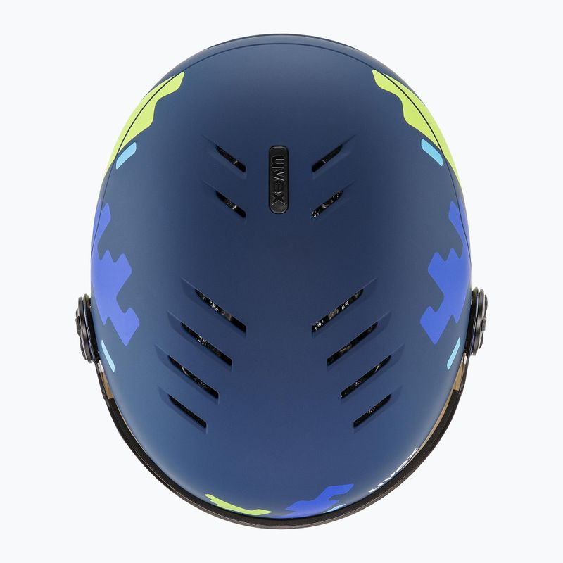 Skihelm Kinder UVEX Rocket Visor Jr blue puzzle matt/mirror blue/smoke 5