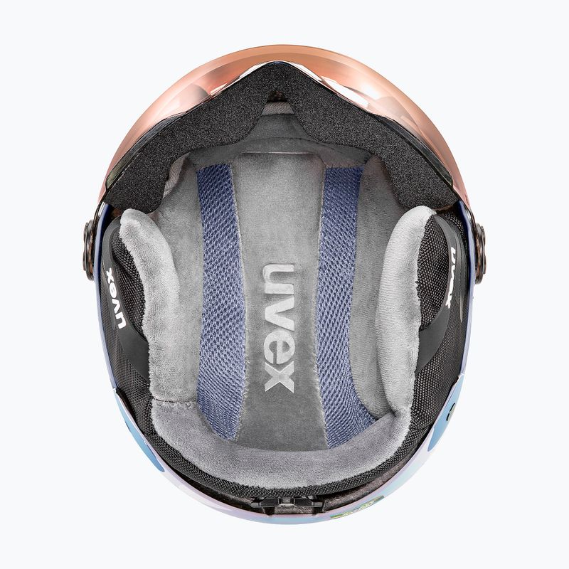 Kinder-Skihelm UVEX Rocket Visor Jr cool lavender abstract matt/mirror silver/laser gold 6