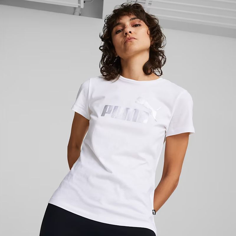 PUMA ESS+ Metallic Logo Tee für Damen puma weiß/silber metallic