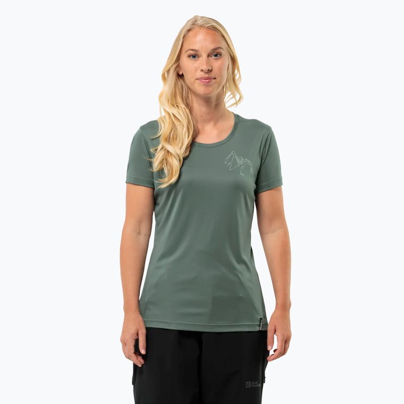 Damen-Trekking-T-Shirt Jack Wolfskin Peak Graphic heckengrün