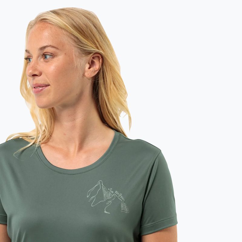 Damen-Trekking-T-Shirt Jack Wolfskin Peak Graphic heckengrün