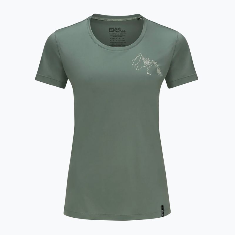 Damen-Trekking-T-Shirt Jack Wolfskin Peak Graphic heckengrün