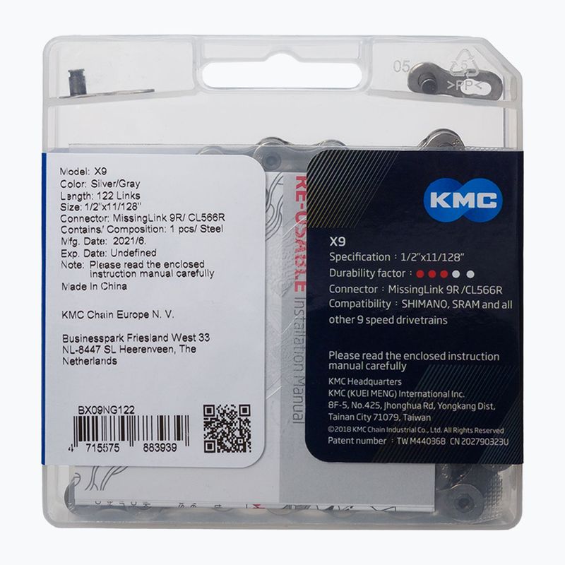 KMC X9 Fahrradkette 122 Glieder 9rz silber-grau BX09NG122 2