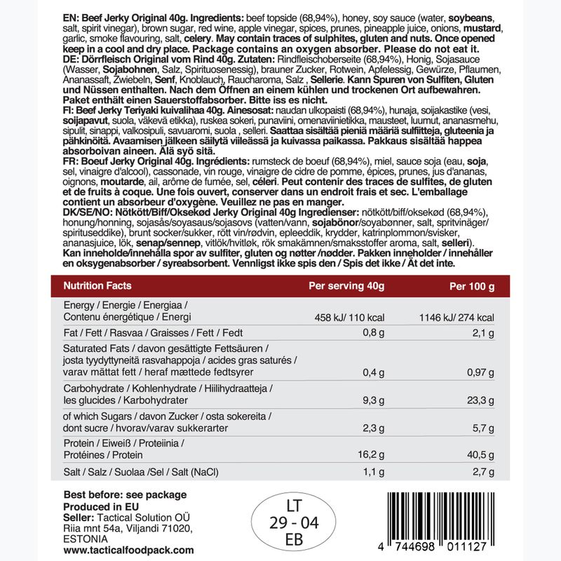 Getrocknetes Rindfleisch Tactical Foodpack Beef Jerky Original 40 g 2