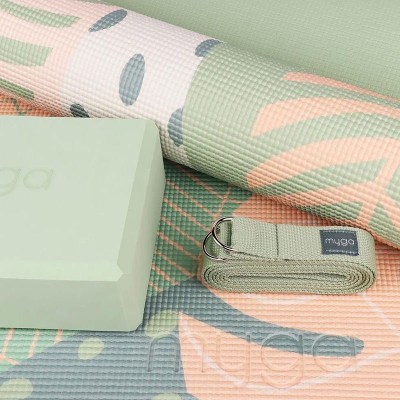 Yoga-Set Myga Palm Yoga Set mat + block + green strap 4
