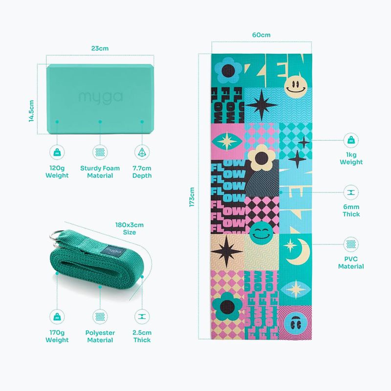 Yoga-Set Myga Spirit Yoga Set mat + block + turquoise strap 13