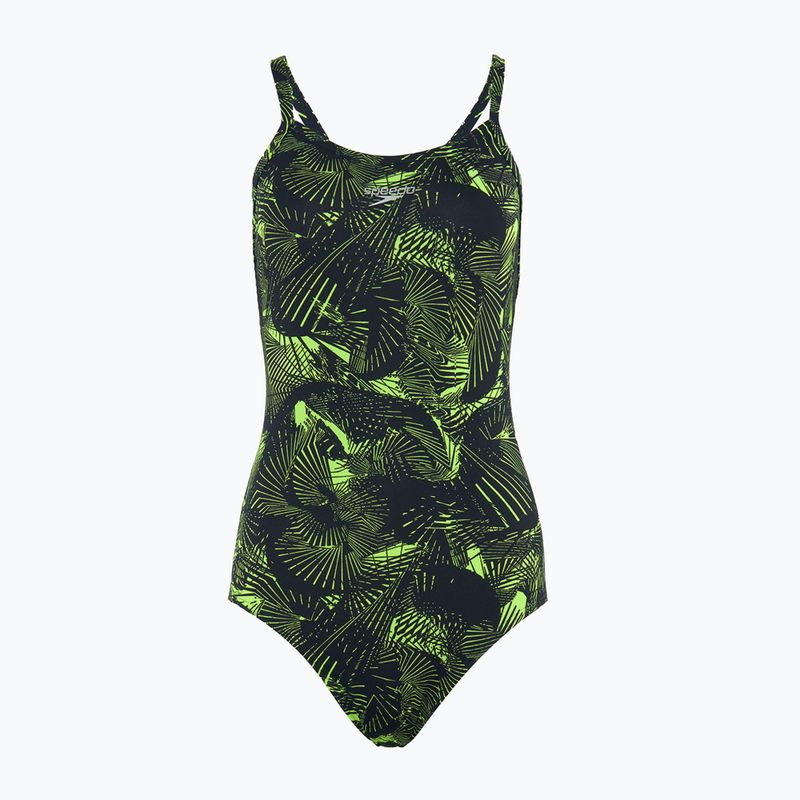 Speedo Damen-Badeanzug Allover Fixed Crossback schwarz / atomic lime