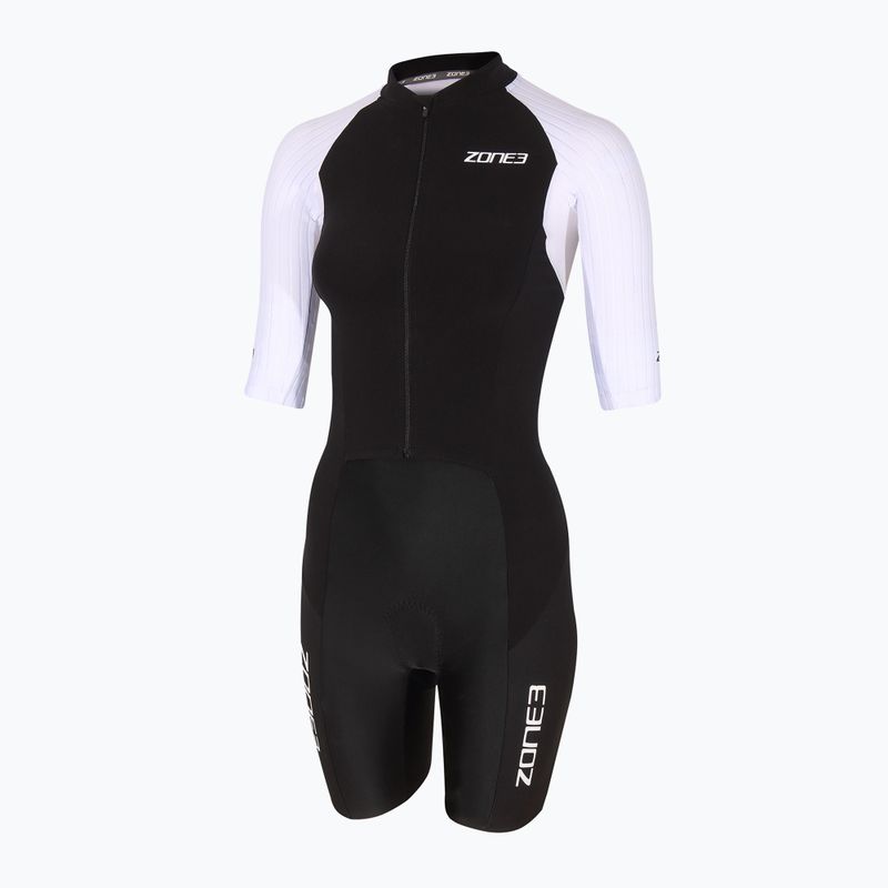 Damen Triathlonanzug ZONE3 Lava Long Distance Full Zip SS Aero Suit schwarz/weiß/grün