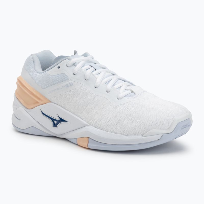 Frauen-Handballschuhe Mizuno Wave Stealth Neo weiß/navy Pfingstrose/Pfirsich parfait