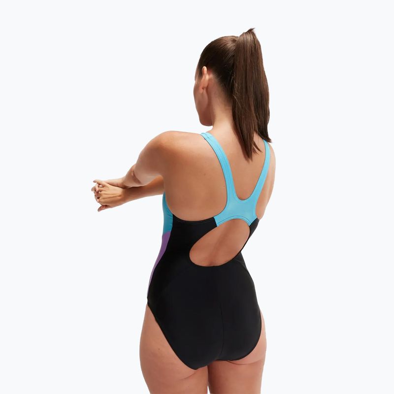 Speedo Colourblock Splice Muscleback einteiliger Badeanzug für Damen schwarz/süßes lila/picton blau 7