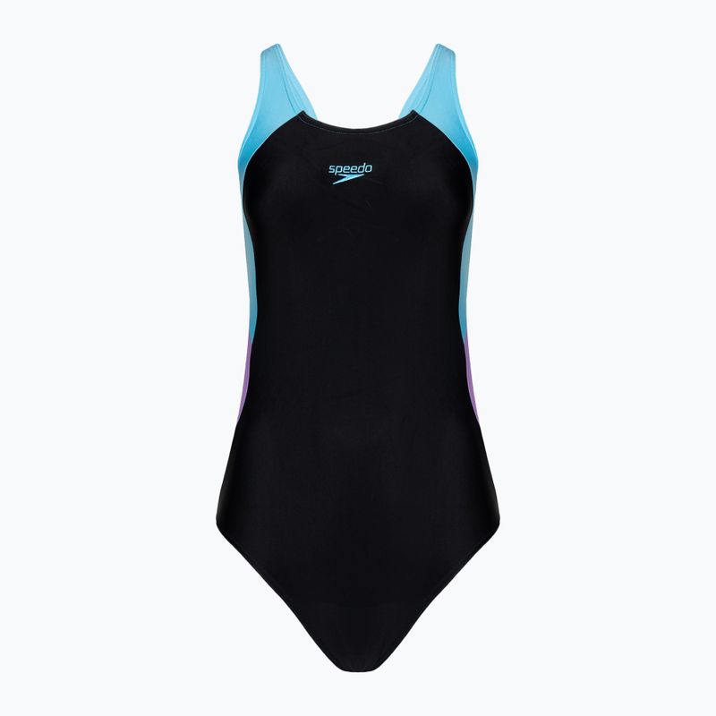 Speedo Colourblock Splice Muscleback einteiliger Badeanzug für Damen schwarz/süßes lila/picton blau