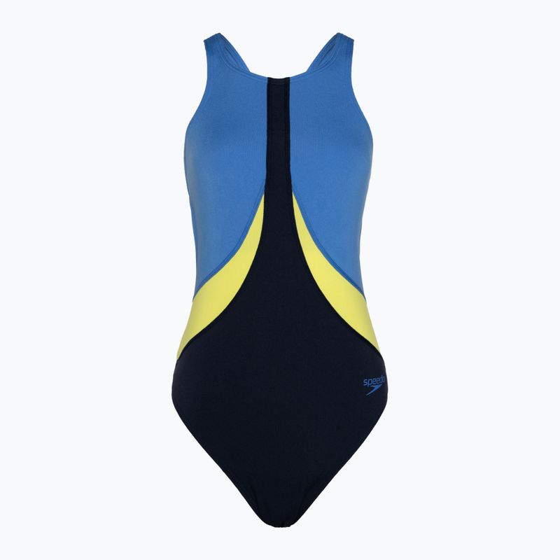 Speedo Colourblock Highneck Crossback Badeanzug true navy/sevres blue/lemon drizzle