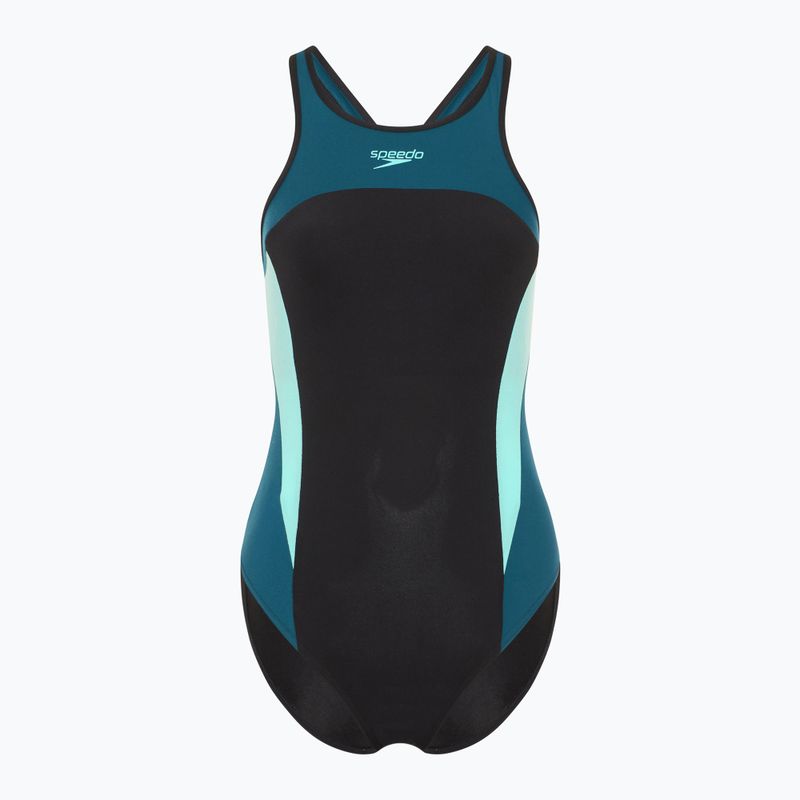 Einteiler Badeanzug Damen Speedo High Neck Splice Cross Back dark teal