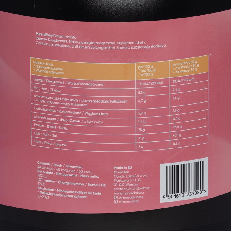 Reines Molke MONDOLAB Protein Isolat 1.8kg Banane-Erdbeere MND004 2