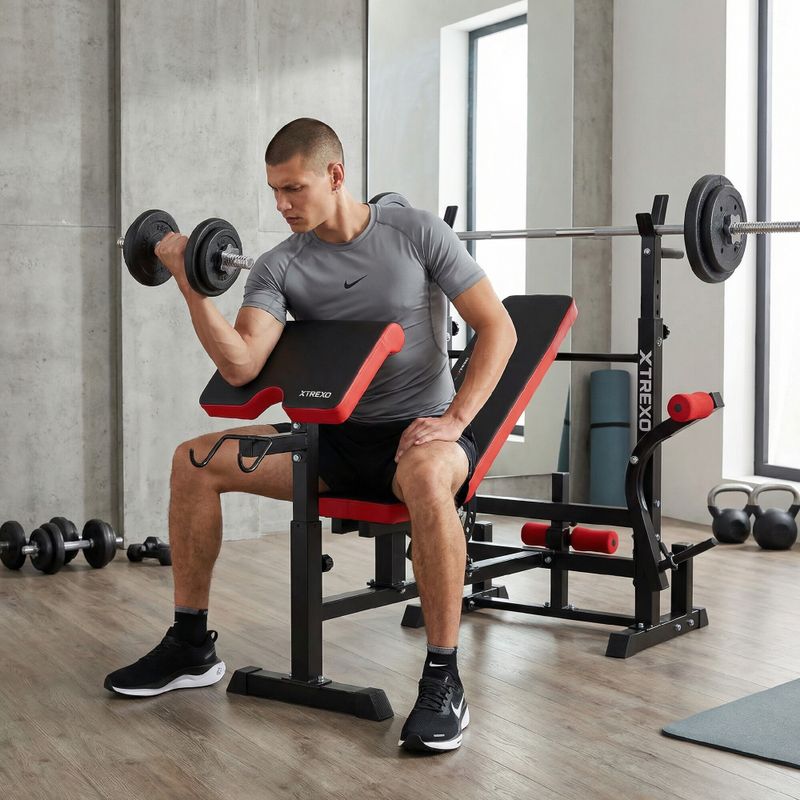 XTREXO BenchFit Max Trainingsbank mit Ständer und Gebetsstange schwarz 7