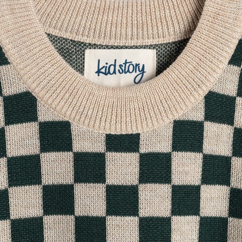 KID STORY Merino grüner Schachbrett-Pullover für Kinder 3
