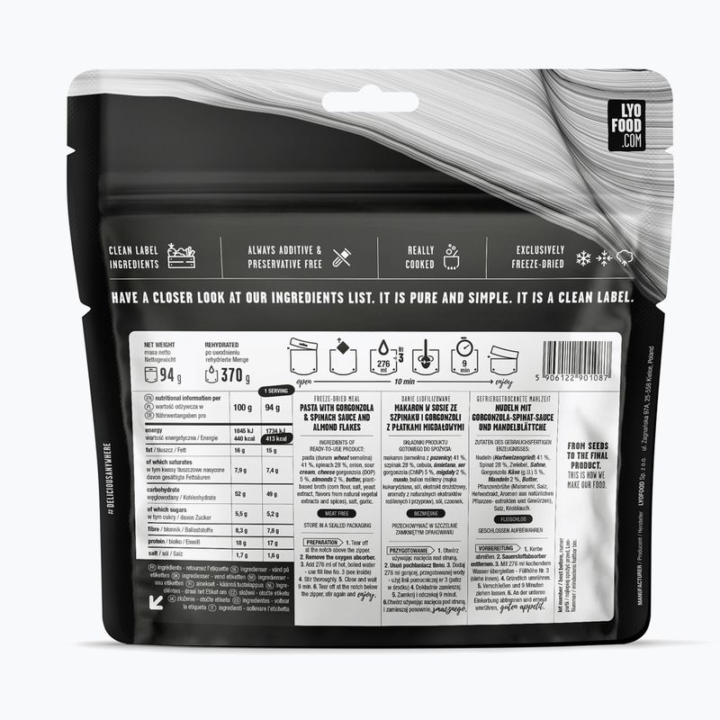 Gefriergetrocknete Lebensmittel LYOFOOD Farfalle mit Spinat und Gorgonzola 370 g 2