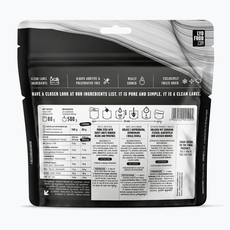 Gefriergetrocknete Lebensmittel LYOFOOD Schweinefleischeintopf mit Kartoffeln und Bohnen 500 g 2