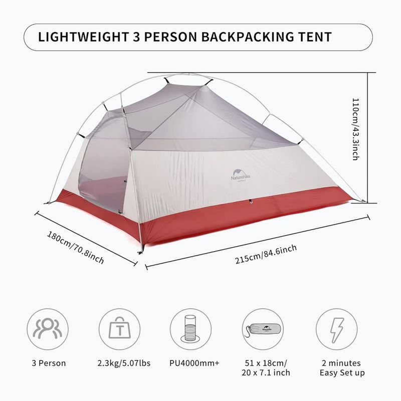 Naturehike Updated Cloud Up 3-Personen-Trekkingzelt hellgrau/rot 6