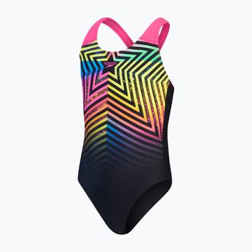 Speedo Digital Placement Splashback einteiliger Badeanzug für Kinder schwarz/lemon driz/flare pink/true cobalt