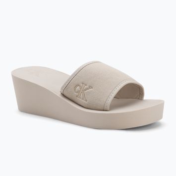 Calvin Klein Damen Flip Flops YW0YW01725 Beach Wedge Slide Canvas Eierschale