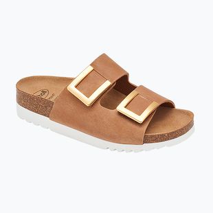 Damen-Pantoletten Scholl Montery 2 Straps Ad Med cognac