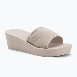 Calvin Klein Damen Flip Flops YW0YW01725 Beach Wedge Slide Canvas Eierschale